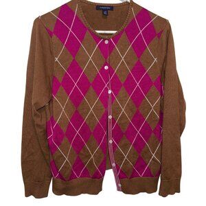 Lands End Womens Argyle Cardigan Sweater L/P 14-16 Button-Up Brown